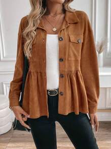 SHEIN LUNE 立领装饰纽扣口袋荷叶边下摆 A 字型绒面革女式常规夹克 - 棕色 - 查看 4