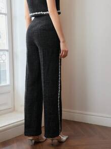 MOTF PREMIUM TWEED FLORAL LACE TRIM SEAM FRONT SUIT PANTS - Black and White - View 8