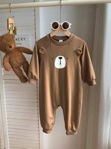 SHEIN 新生儿男女通用休闲熊图案耳朵装饰长袖连体衣