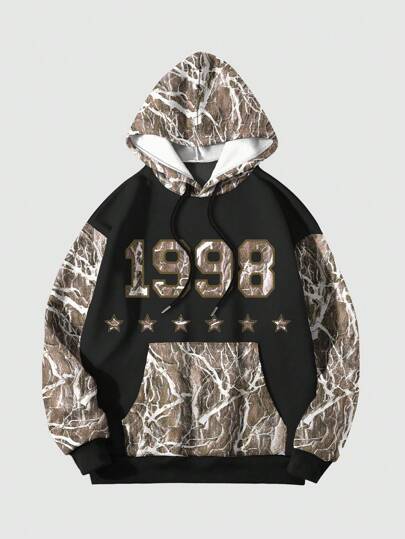 Street Life Felpa con cappuccio casual da uomo con stampa colorblock patchwork e laccetti, autunno/inverno