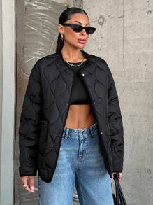 SHEIN Tall 绗缝双口袋系带冬季外套，休闲，日常穿着 - 黑色 - 查看 5