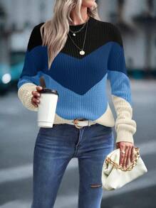 EMERY ROSE Women's Crew Neck Striped Color Block Long Sleeve Pullover Sweater,Long Sleeve Tops Knit Pullover Fall Winter Outfit