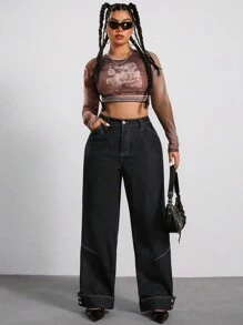 SHEIN ICON Jeans de mezclilla negra desgastada holgados con decoración de botón en forma de estrella, talla grande