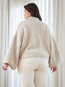EURMUSE Plus Size Solid Color Button Up V-Neck Cardigan - Beige - View 2