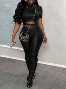 Slaydiva Sexy Hollow-Out Black PU Short Sleeve T-Shirt And Floor-Length Split Hem Tight Pants Set