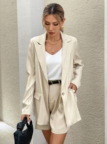 Chiquease Blazer elegante de manga larga a rayas con bolsillo de abotonadura sencilla para mujer - Albaricoque - Ver 3