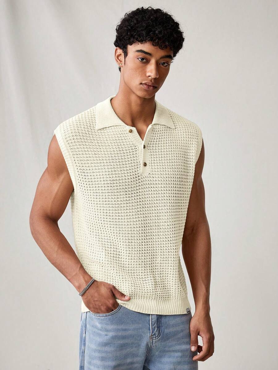 Manfinity VCAY Men's Solid Color Simple Casual Sleeveless Knit Sweater Tank Top - White - View 1