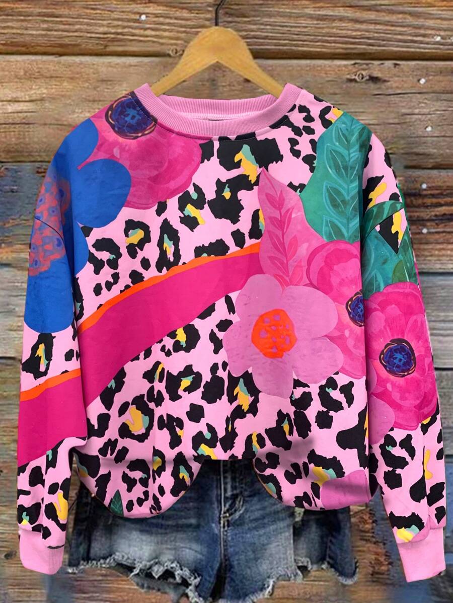 INAWLY Women Leopard & Floral Print Casual Round Neck Long Sleeve Sweatshirt Pullover Fall - Multicolor - View 1