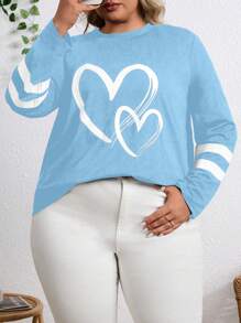 加心印花落肩 T 恤图案 T 恤女式上衣 - 淺藍色 - 查看 3