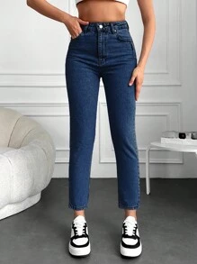 EURMUSE High Waist Mom Fit Jeans - Dark Wash - View 5