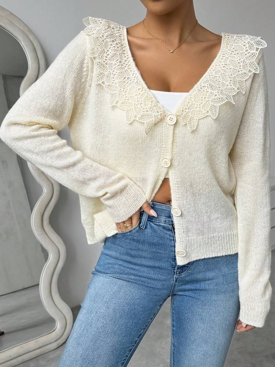 Chiquease Cardigan Polos Lengan Panjang Kancing Depan dengan Hiasan Renda, Pakaian Kasual Sehari-hari - Aprikot - View 1