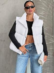 EURMUSE Short Vest With Two Pockets, Sleeves Puffer Jacket With Zip - White - View 1