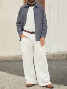 Manfinity Homme 男士海军蓝竖条纹牛仔宽松衬衫 - 深色水洗藍 - 查看 7