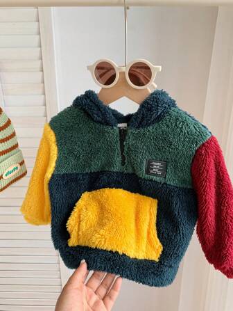 Kleurrijke casual losse zachte fleece patchwork hoodie voor babyjongens/meisjes, comfortabele, relaxte pasvorm met rits, veelzijdig voor binnen en buiten, herfst/winter