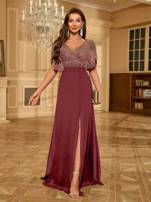 UNITHORSE Sequin Chiffon Formal Dress, Black Elegant Gown For Prom, Wedding Guest, Graduation Ceremony, Evening Party, Bridal Shower - Redwood - View 7