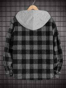 RueChic Men's Fashionable Classic Plaid Pattern Hooded Shirt Jacket - Grey - View 2