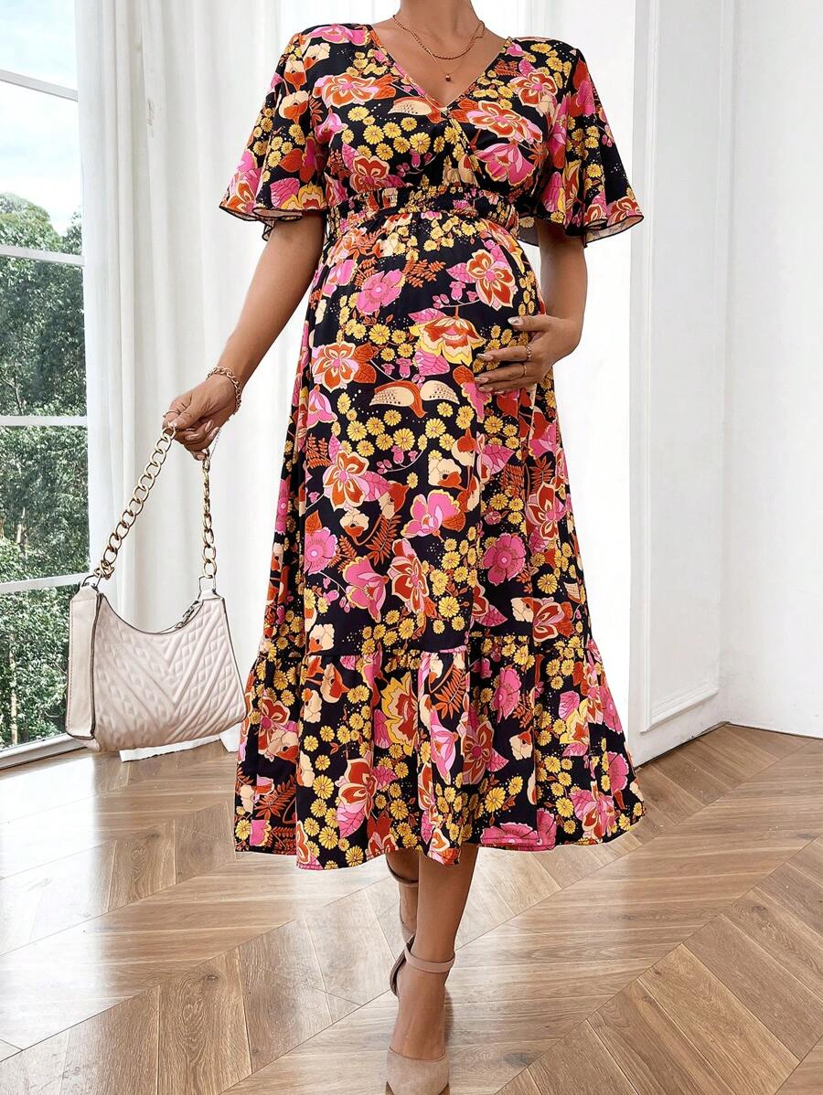 SHEIN Váy bầu in hoa toàn thân mùa hè - Nhiều màu - Xem 1