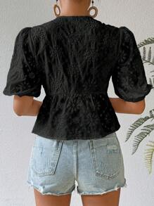 Breezaya Hollow-Out Jacquard Tie Front Puff Sleeve Blouse - Black - View 2