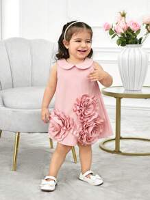 Vestido de gola floral 3D fofo sem mangas para bebês meninas, verão - Rosa - Ver 4