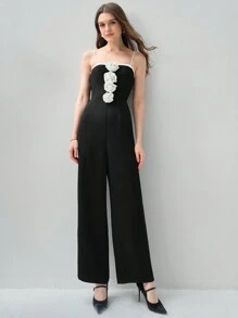 Enchnt 女士拼色 3D 花卉装饰吊带背心简约日常连体裤 - 黑色 - 查看 1