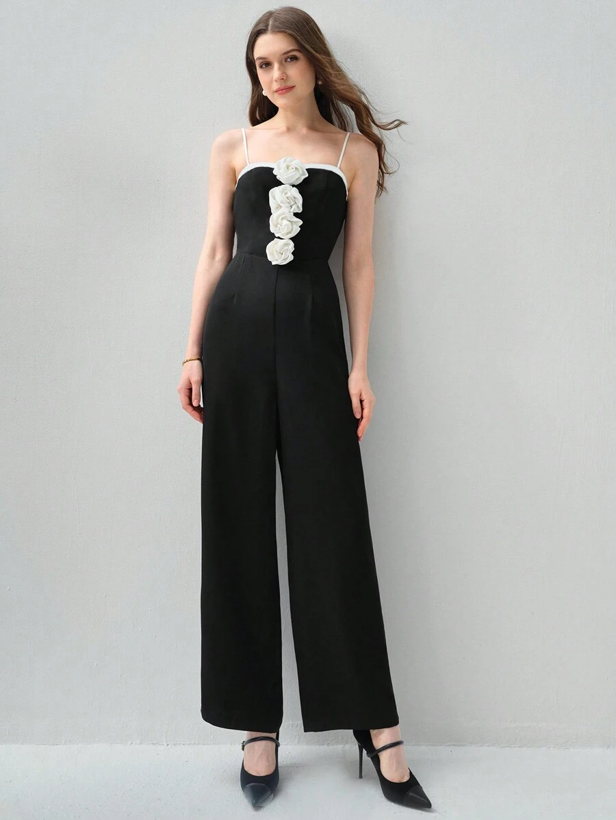 Enchnt 女士拼色 3D 花卉装饰吊带背心简约日常连体裤 - 黑色 - 查看 1