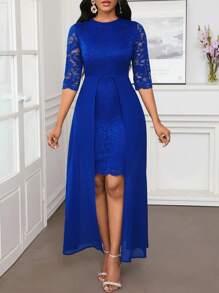 SHEIN Lady Vestido elegante de fiesta de Navidad de otoño e invierno con cuello redondo de encaje azul asimétrico y fluido