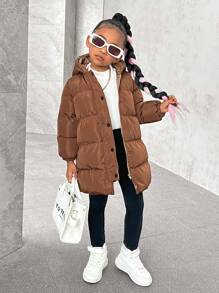 SHEIN Leap Crew 年輕女孩純色帽兜鬆身中長加厚棉袍外套 - 咖啡棕 - 查看 9