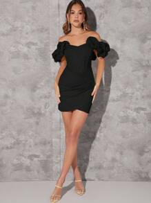 L'Amorae Off Shoulder Ruffle Wrap Hem Dress - Black - View 7