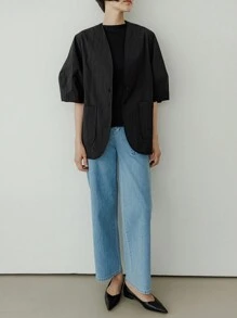 DAZY 女士纯色简约休闲无袖纽扣前开衫女式夹克，秋季女装 - 黑色 - 查看 4