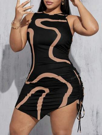 SHEIN Essnce Vestido de verano curvilíneo con cintura con cordón, vestido ajustado de curvas, vestido de verano casual, vestido de verano negro, vestido negro y blanco (vestido de estampado asimétrico) para mujer talla grande