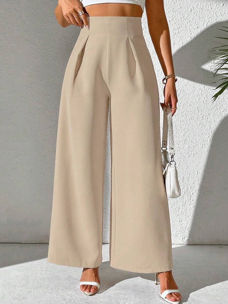 SHEIN PETITE 女款高腰純色休閒修身長褲,秋季布料,適合小個子女性 - 卡其色 - 查看 1