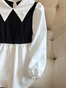 Sparklyn 青少年女孩休闲拼布撞色长袖荷叶边领衬衫