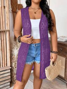 Breezaya 大码无袖纯色休闲开衫 - 紫色 - 查看 5