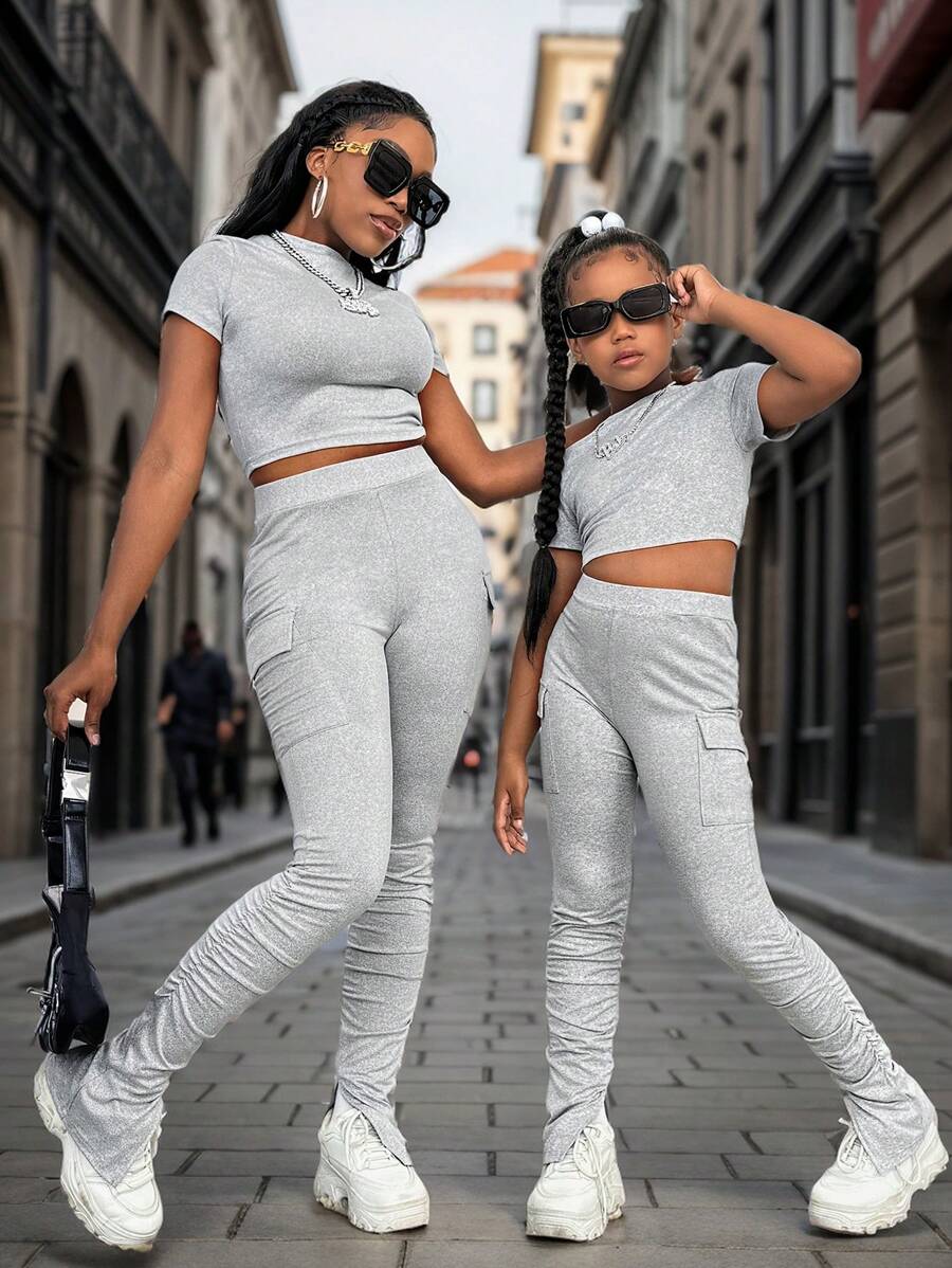 SHEIN Tween Girls' Fashion Streetwear Solid Color Fitted Crewneck Tee And Long Pants Set - Light Grey - View 1