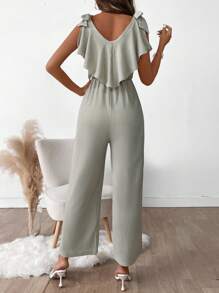 SHEIN Clasi Elegant, Commuting, Casual, Waisted, Ruffled Collar, Shoulder Tie Detail, Women Jumpsuit - Army Green - View 2
