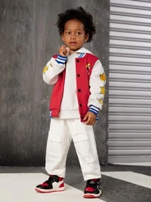SHEIN 2pcs Young Boys' Fashion Sporty Casual Colorblock Print Baseball Jacket With Vintage Washed Jeans Set, For Sports, Daily Wear, Outdoor, School