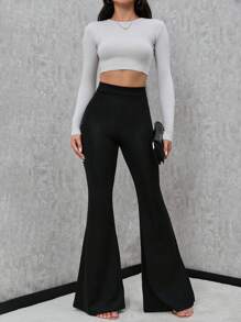 SHEIN Tall High Waist Flare Leg Pants - Black - View 3