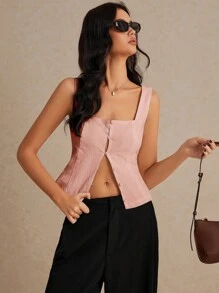 Poéselle Áo vest vải lanh, cổ vuông, cài cúc, kiểu dáng ôm sát, không tay và áo croptop, thích hợp cho kỳ nghỉ hè, đi làm hàng ngày, phong cách Pháp. - Hồng - Xem 3