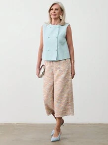 SHEIN LUNE بنطلون كابري نسائي فضفاض واسع الساق بجيوب وطباعة تعتيق - متعدد الألوان - مشاهدة 6