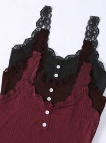 SHEIN Bộ đồ ngủ 3 món gồm áo hai dây phối ren màu trơn và quần short cho nữ - Nhiều màu - Xem 4