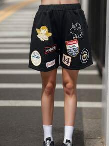 SHEIN Teenage Girls' Black Street Style Graphic Print Knit Summer Shorts