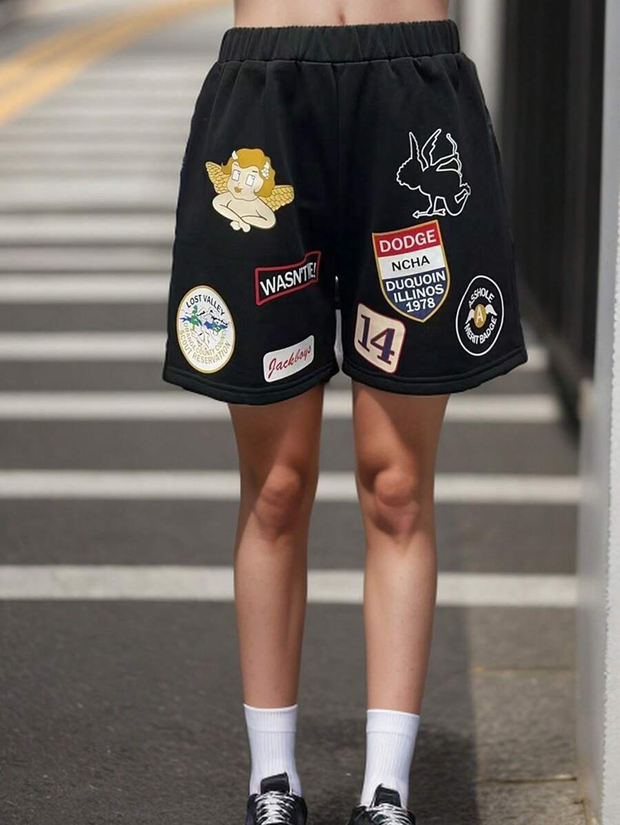 SHEIN Teenage Girls' Black Street Style Graphic Print Knit Summer Shorts