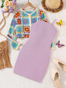 2 buc/Set Tween Girls Cardigan cu mânecă lungă cu un singur piept și rochie cu bretele spaghetti de culoare uni - Violet Purple - Vizualizare 1
