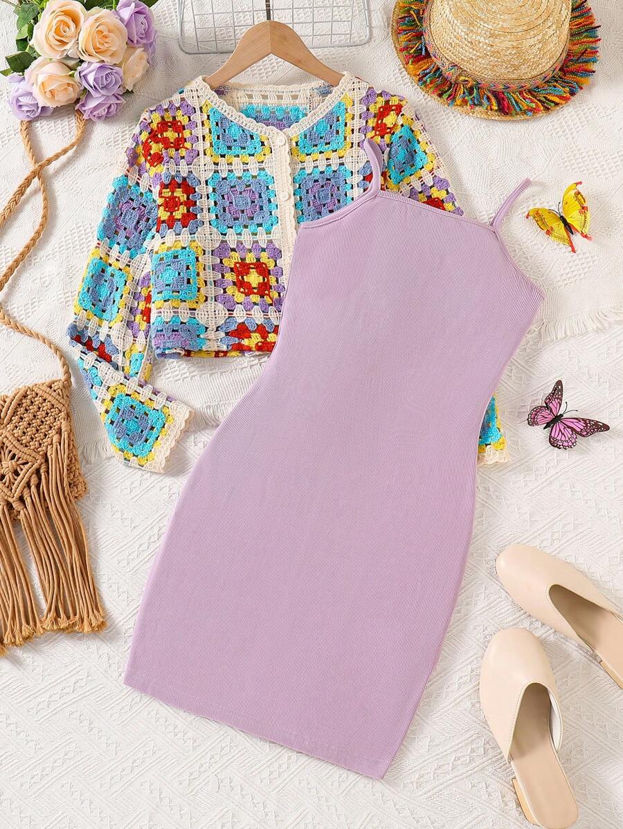 2 buc/Set Tween Girls Cardigan cu mânecă lungă cu un singur piept și rochie cu bretele spaghetti de culoare uni - Violet Purple - Vizualizare 1