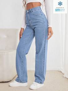 SHEIN Frenchy Phụ Nữ Nút Thắt Lưng Thẳng Xu Hướng Thời Trang Thông Thường Quần Denim Đa Năng - Rửa nhẹ - Xem 5