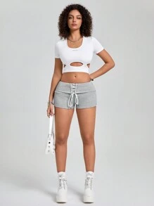 Easithlete Design cu șnur pentru damă, culoare uni, pantaloni scurți sport simpli și casual - Gri - Vizualizare 3