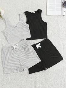 SHEIN Cottnline 2 Sets Knit  Top And Ribbon Detail Shorts Lounge Sets - Multicolor - View 1