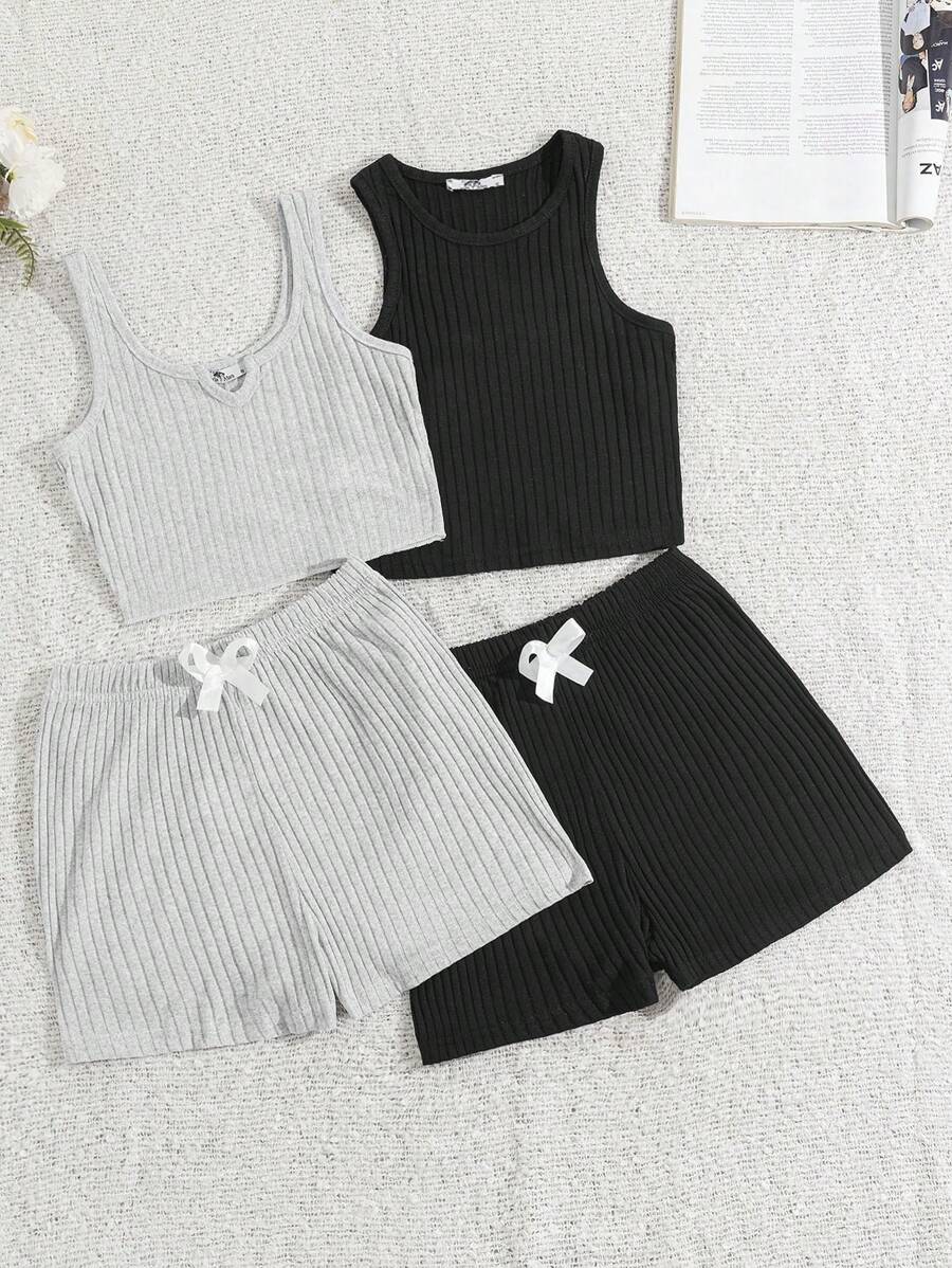 SHEIN Cottnline 2 Sets Knit  Top And Ribbon Detail Shorts Lounge Sets - Multicolor - View 1
