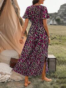 SHEIN Clasi Women Summer Leopard Print V-Neck Lotus Leaf Short Sleeve Waist Long Casual Dress