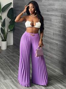 Slaydiva Women Purple Elegant Chain Decor Wide Leg Pants - Purple - View 4